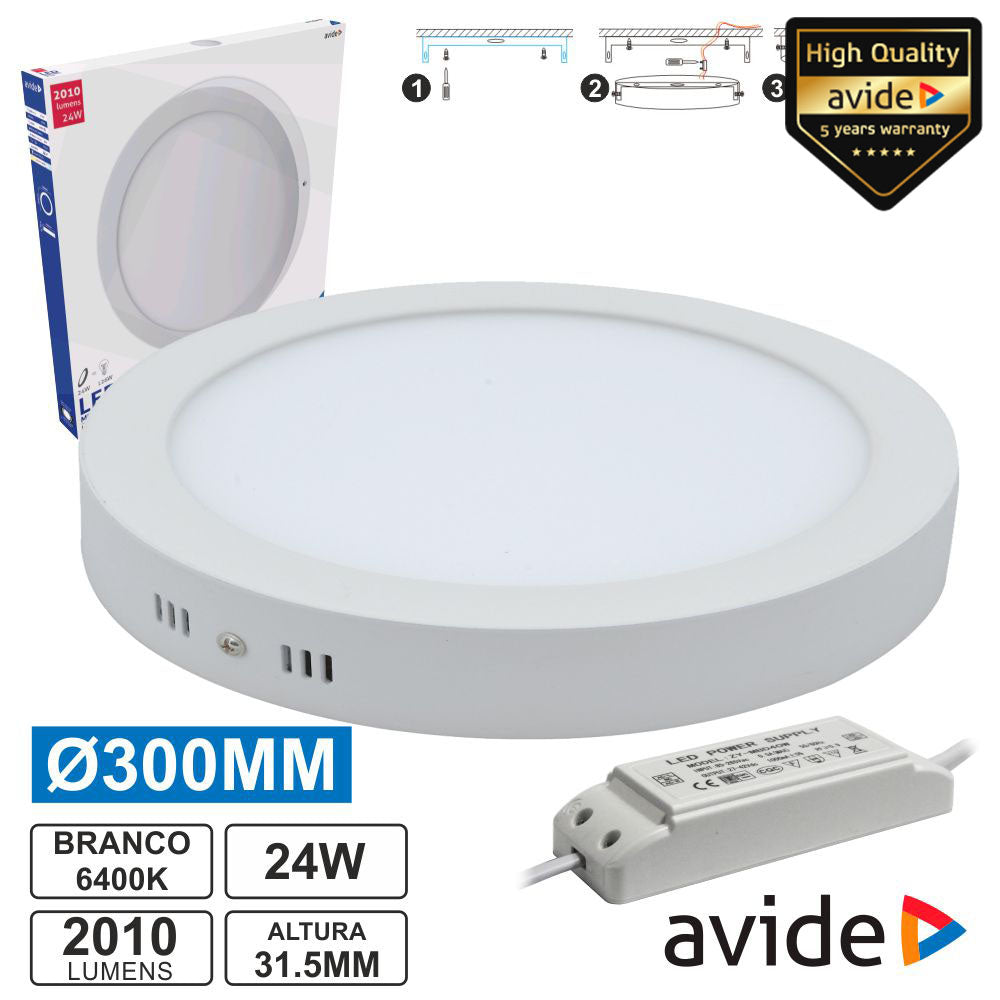 Painel Leds Redondo Superfície 24W 300Mm 6400K 2010Lm Avide - Tauu.pt