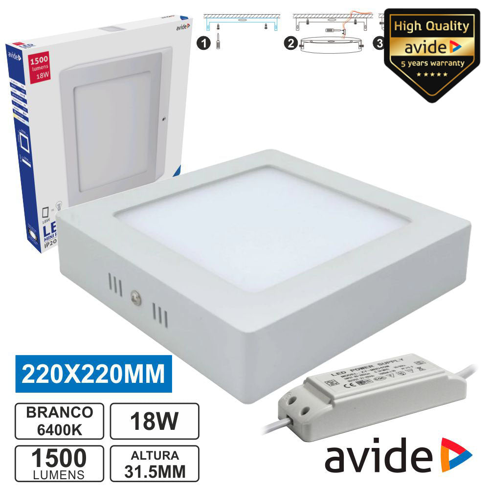 Painel Leds Quadrado Superfície 18W 220Mm 6400K 960Lm Avide - Tauu,pt