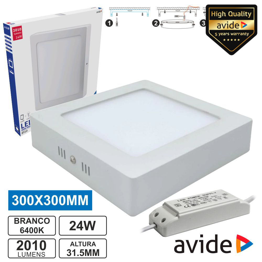 Painel Leds Quadrado Superfície 24W 300Mm 6400K 2010Lm Avide - Tauu.pt