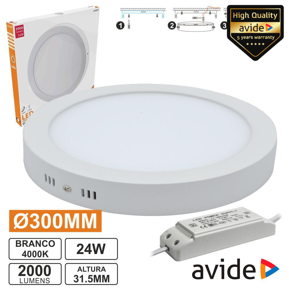 Painel Leds Redondo Superfície 24W 300Mm 4000K 2000Lm Avide - Tauu,pt