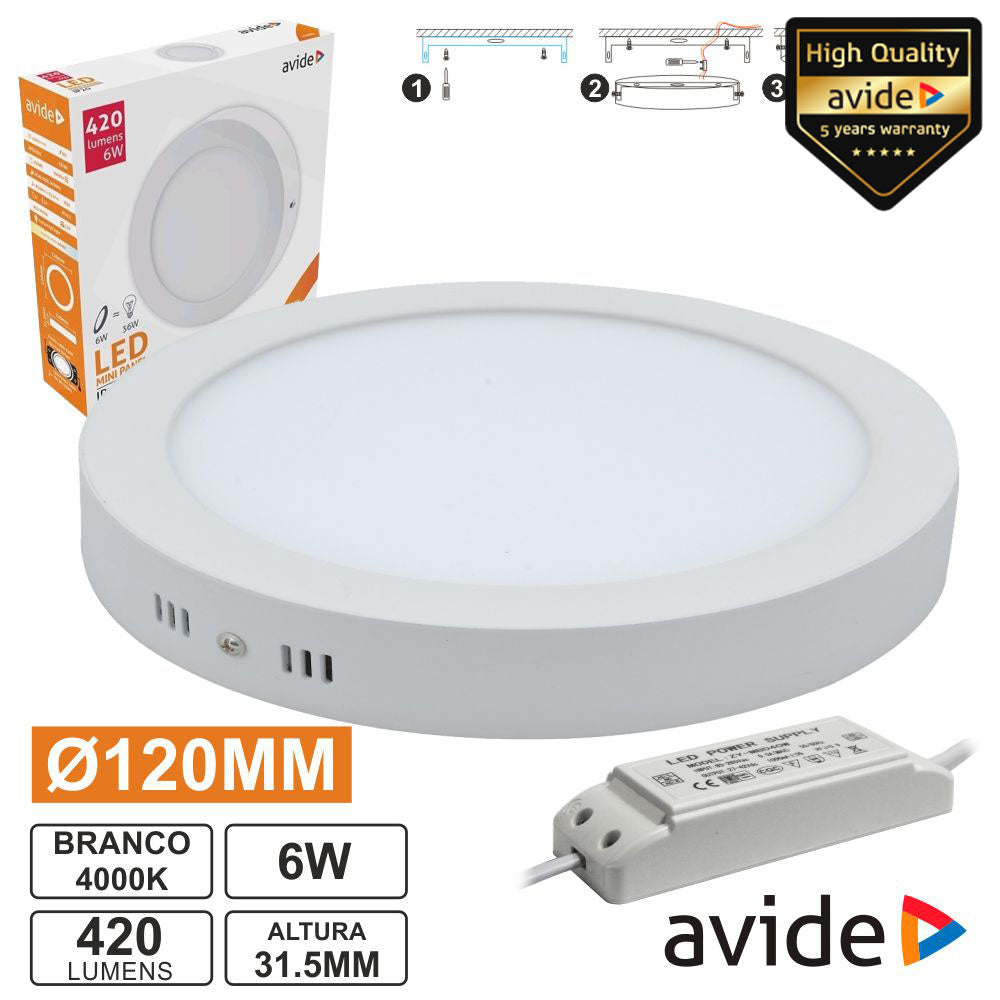 Painel Leds Redondo Superfície 6W 120Mm 4000K 420Lm Avide - Tauu.pt