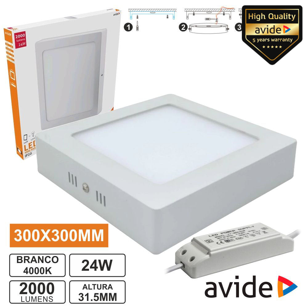 Painel Leds Quadrado Superfície 24W 300Mm 4000K 2000Lm Avide - Tauu,pt