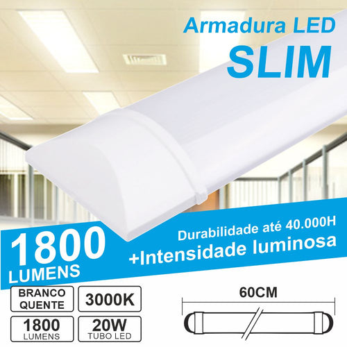 Armadura Led Batten Slim 20W 60Cm Ip40 3000K 1800Lm - Tauu.pt