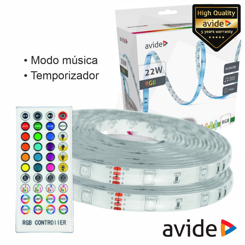 Kit 2 Fitas 150 Leds 5050 Rgb 12V 22W/M 5M Ip65 Avide - Tauu.pt