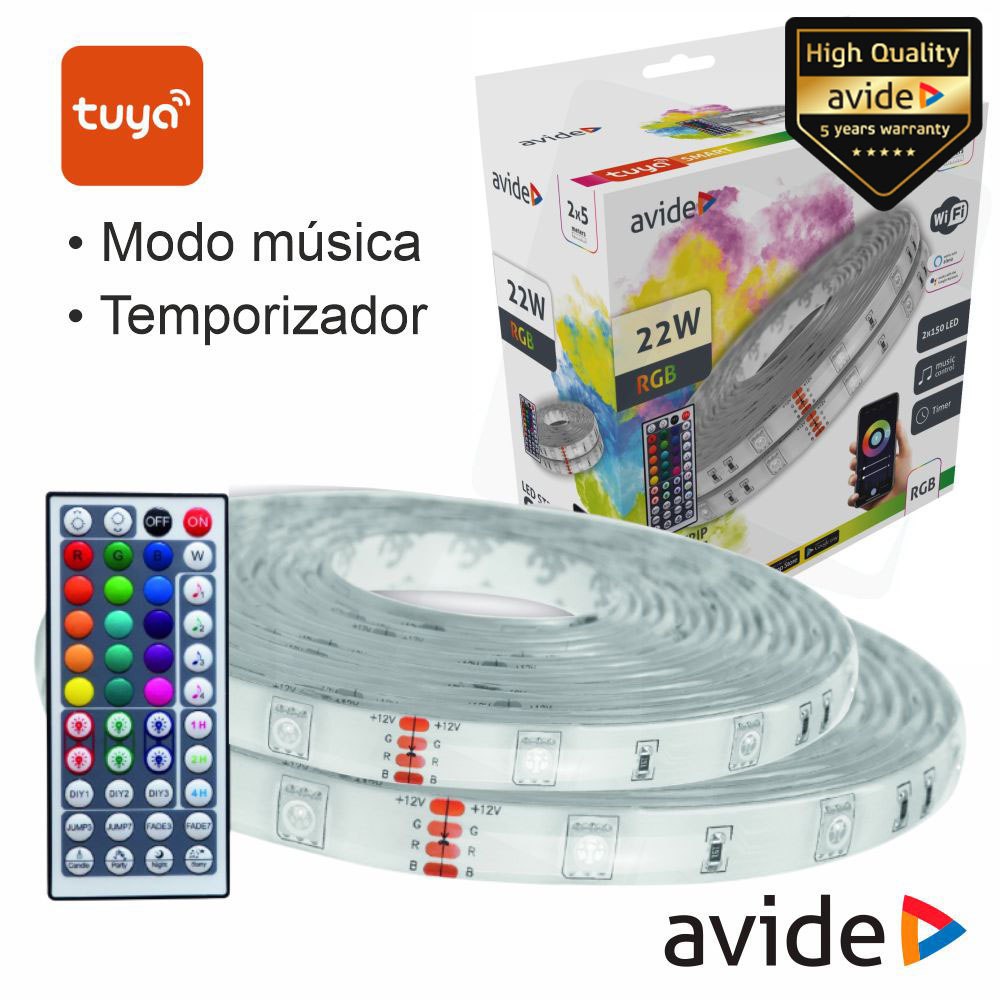 Kit 2 Fitas Led Rgb 12V 2X5M Ip65 Wifi+Ir Tuya Avide - Tauu.pt