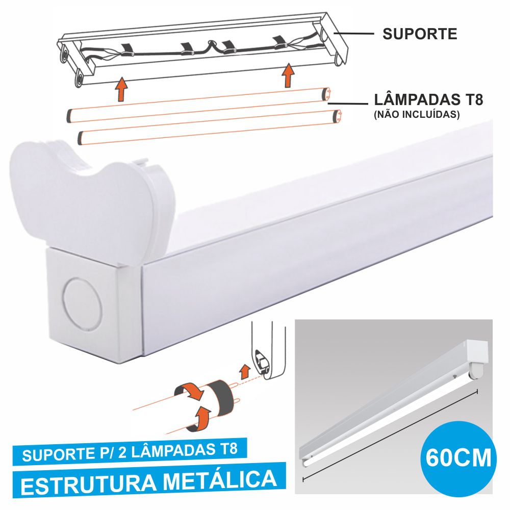 Armadura 60Cm P/ 2 Lâmpadas Tubulares T8 G13 - Tauu,pt
