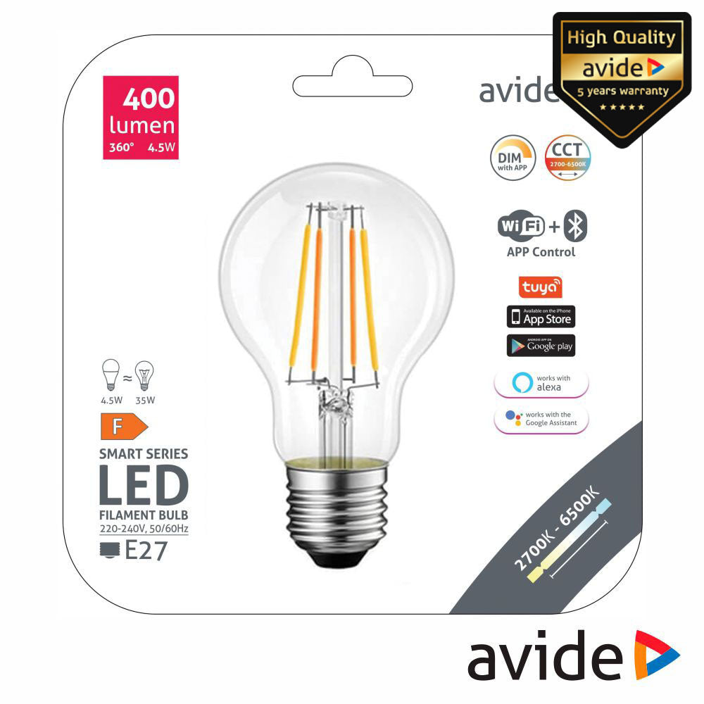 Lâmpada E27 Dimável 4.5W Led Wifi+Bt 400Lm Avide - Tauu.pt