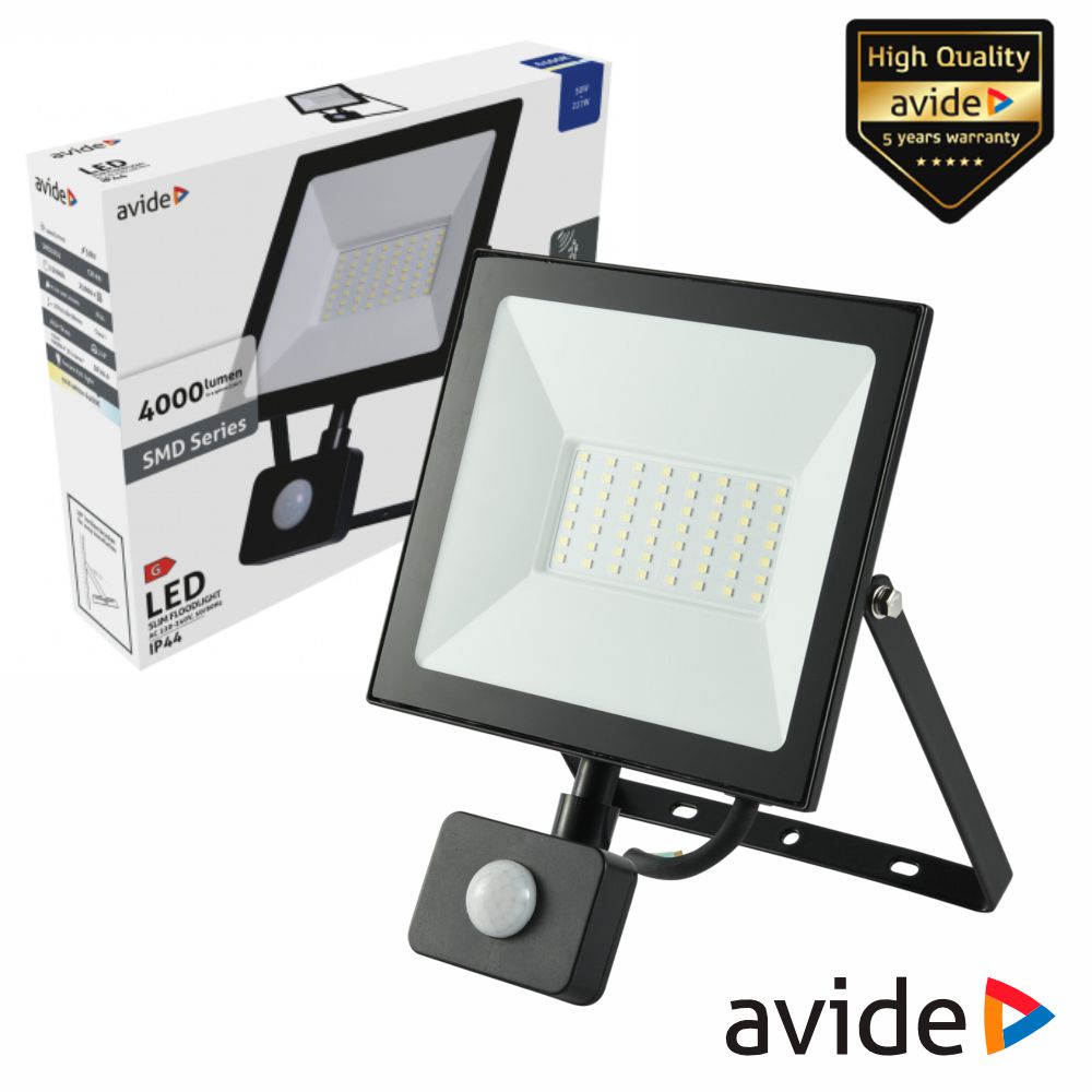 Foco Led 50W 230V 6400K 4000Lm C/ Sensor Preto Avide - Tauu.pt