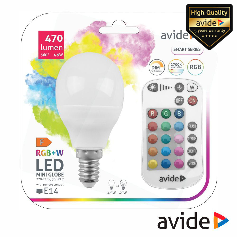 Lâmpada E14 Dimável 4,9W Led Miniglobo Rgbw Ir 470Lm Avide - Tauu,pt