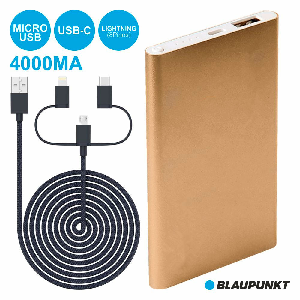 Powerbank 4000Ma C/ 3 Fichas E Cabo Dourado Blaupunkt - Tauu,pt
