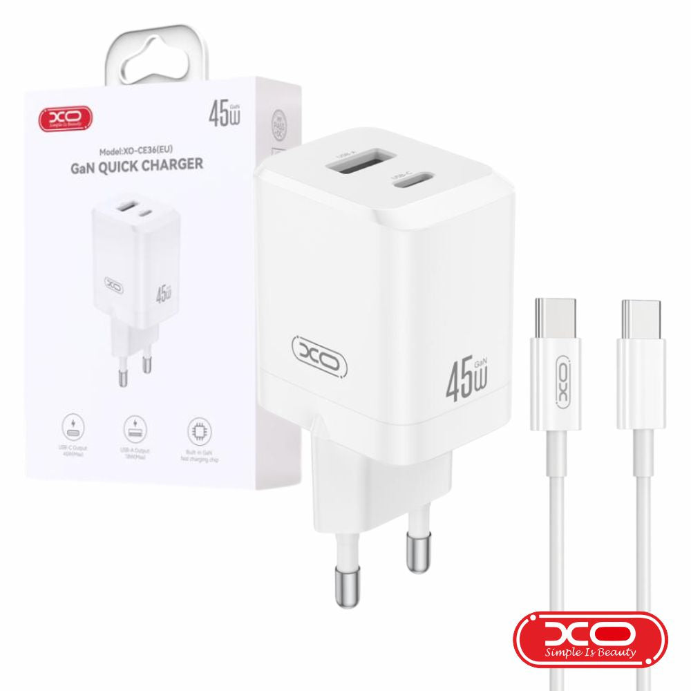 Alimentador 1X Usb-A / 1X Usb-C 45W Gan C/ Cabo Usb-C Xo - Tauu.pt
