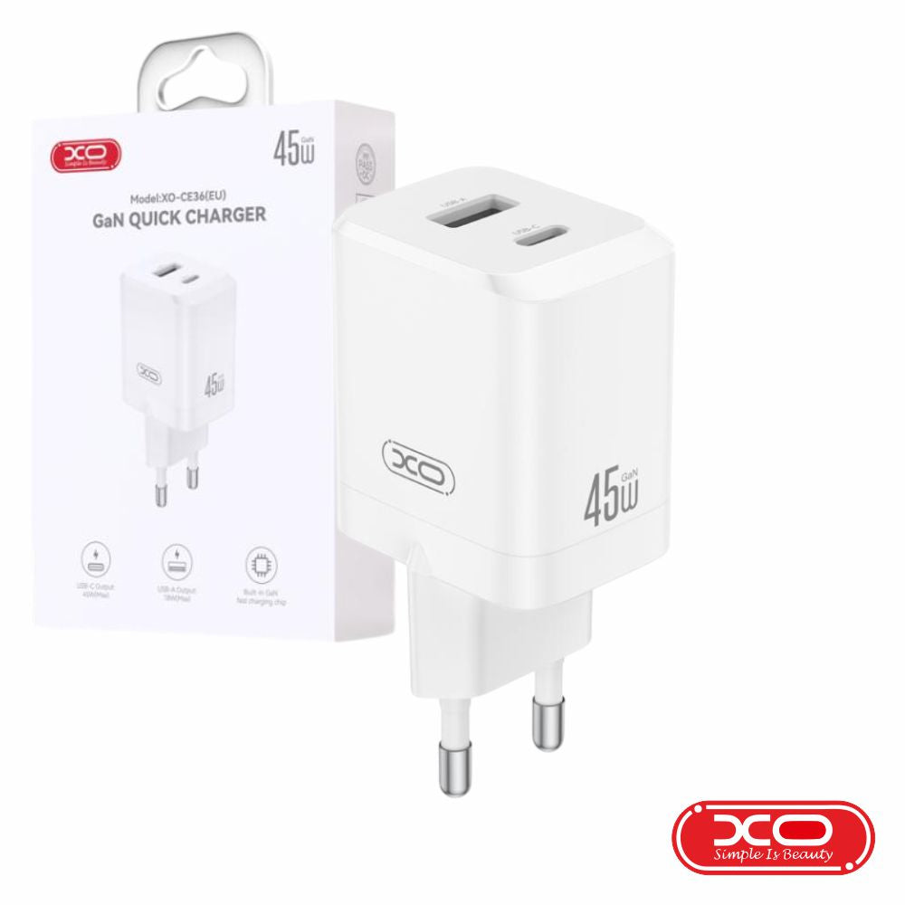 Alimentador 1X Usb-A / 1X Usb-C 45W Gan Branco Xo - Tauu.pt