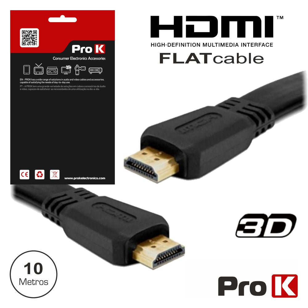 Cabo Hdmi Dourado Macho / Macho 1.4 Preto 10M Flat Prok - Tauu.pt