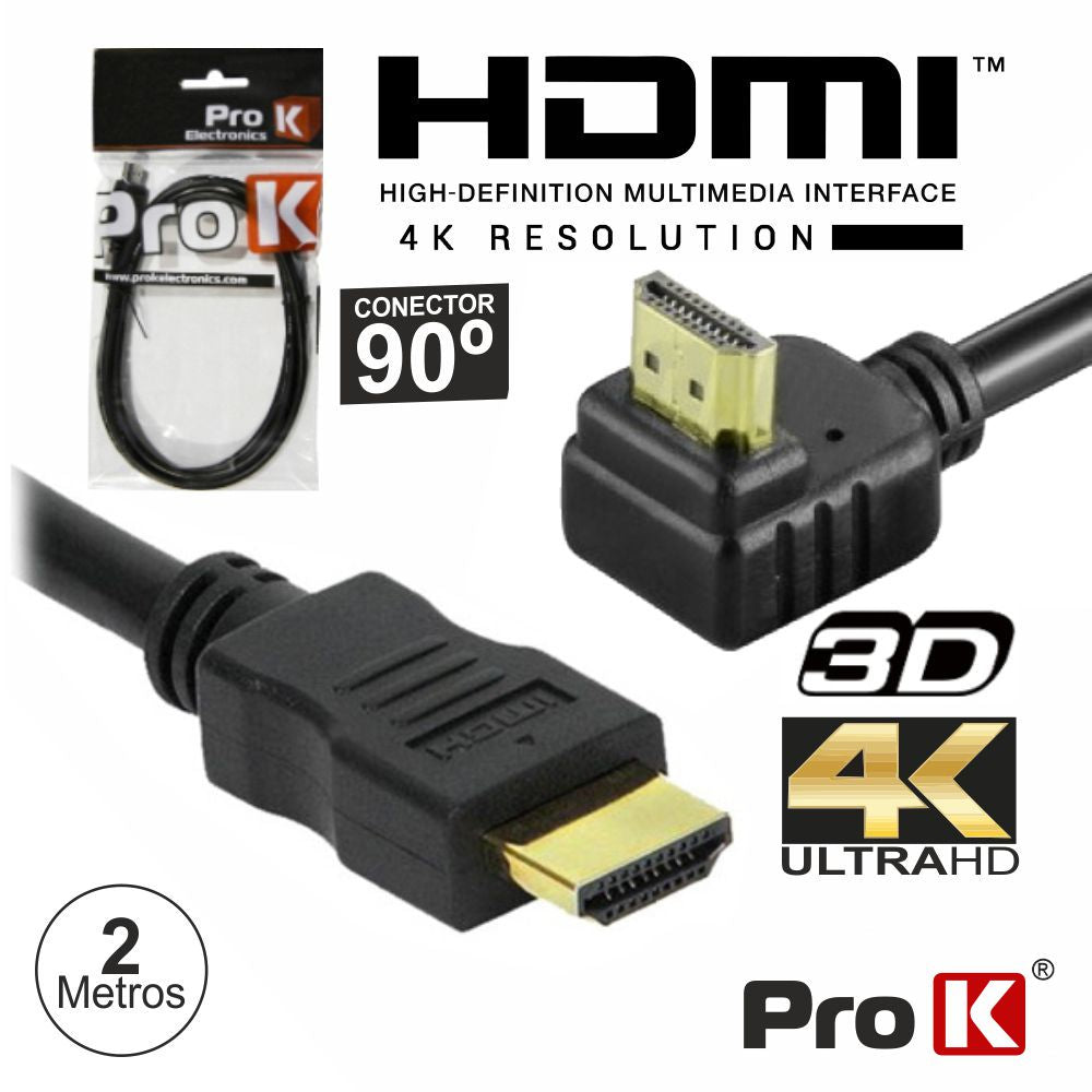Cabo Hdmi Dourado Macho / Macho 2,0 4K Preto 2M 90º Prok - Tauu,pt