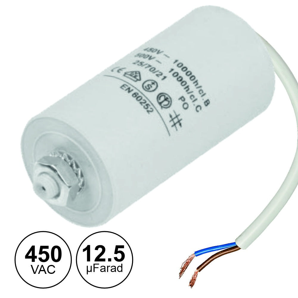 Condensador Arranque 12.5Uf 450V + Terra C/ Fios - Tauu.pt