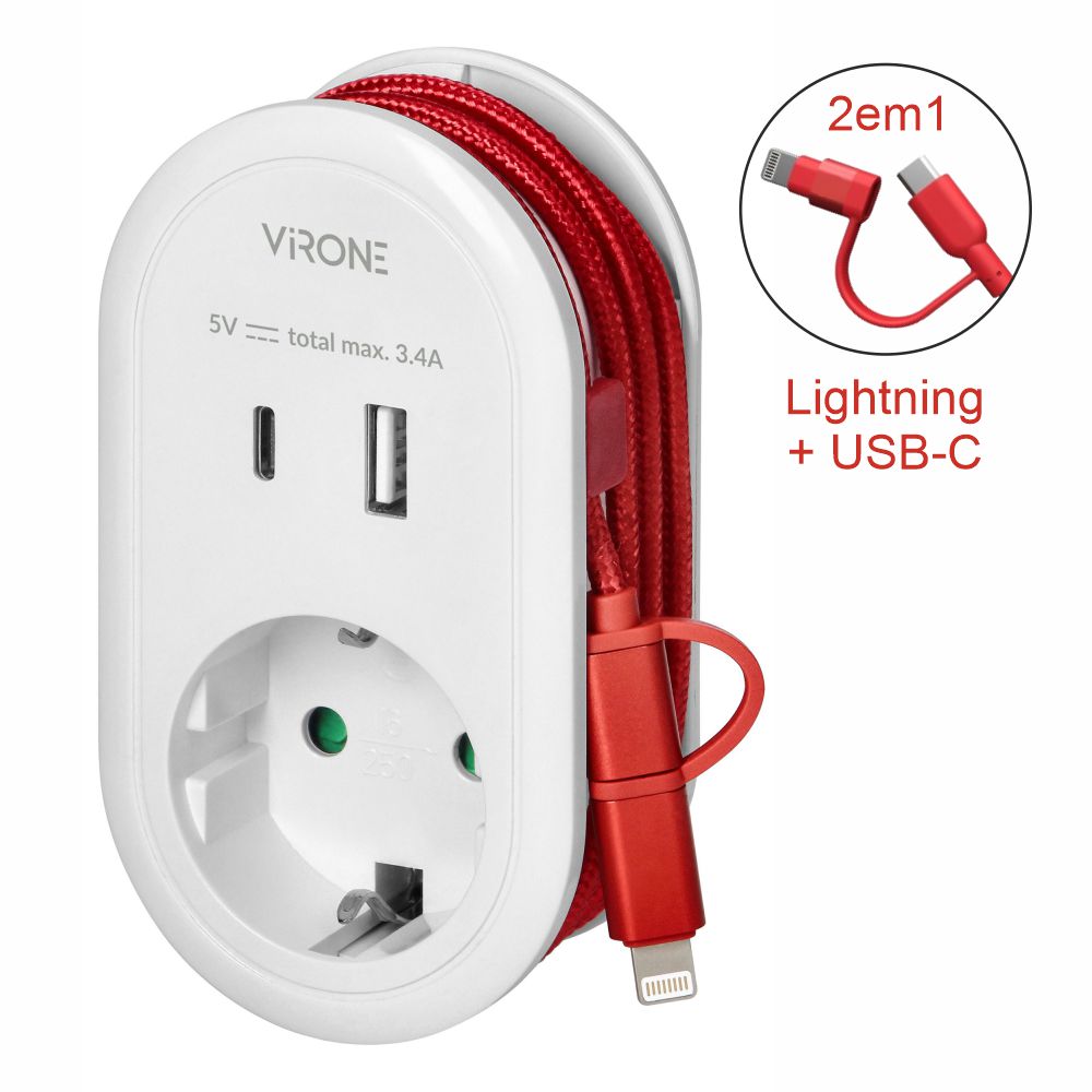 Ficha Elétrica Adaptadora 1X Schuko / Usb-A/Usb-C Virone - Tauu.pt
