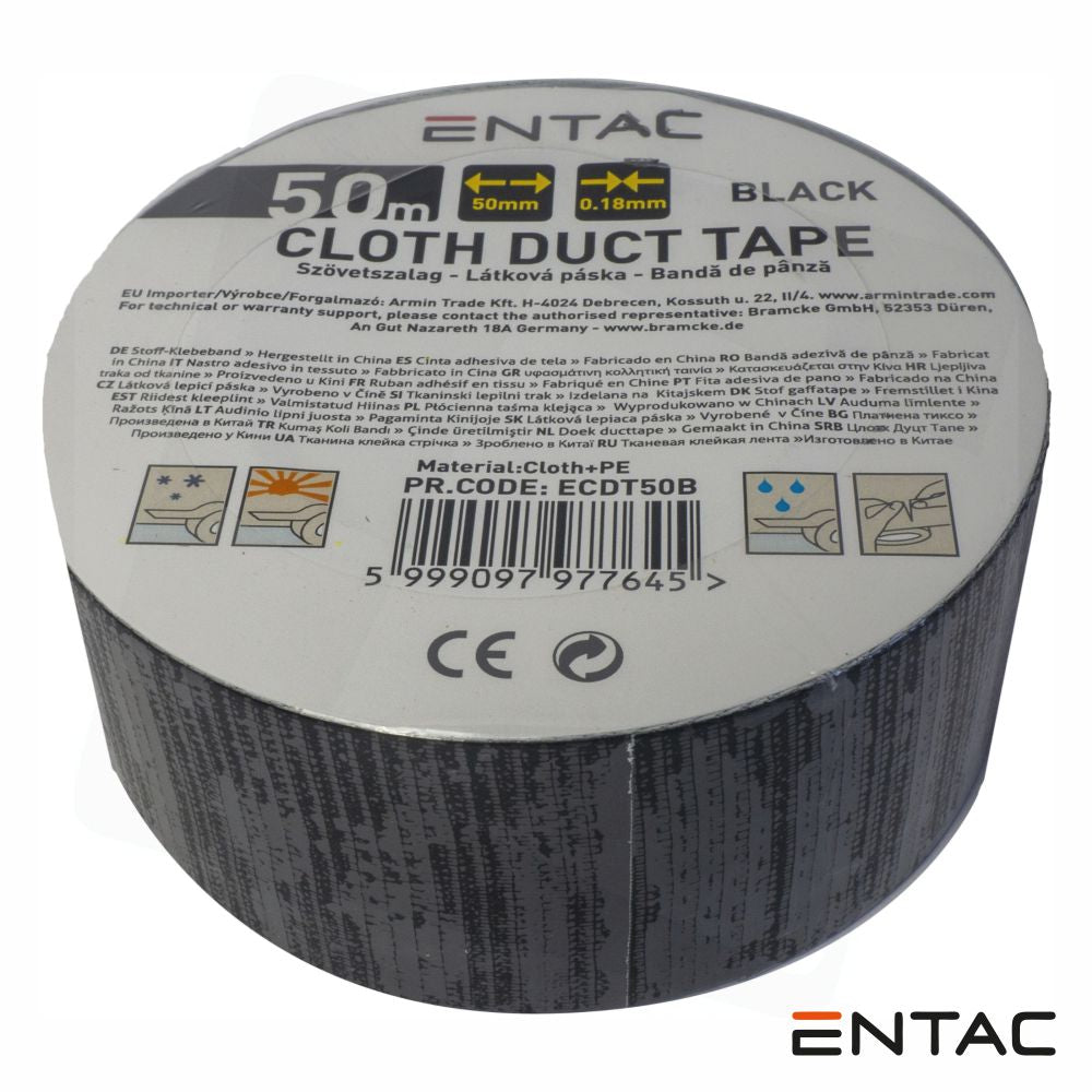 Fita Adesiva De Tela Profissional 50Mm X 50M Preta Entac - Tauu,pt