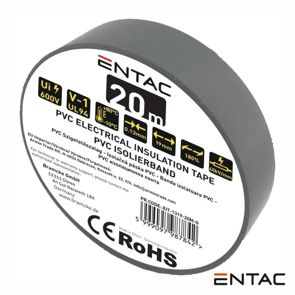 Fita Isoladora Pvc 19Mm 20M 0.18Mm Cinzento Entac - Tauu.pt