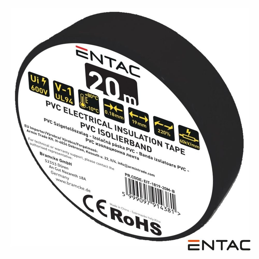 Fita Isoladora Pvc 19Mm 20M 0.18Mm Preta Entac - Tauu.pt