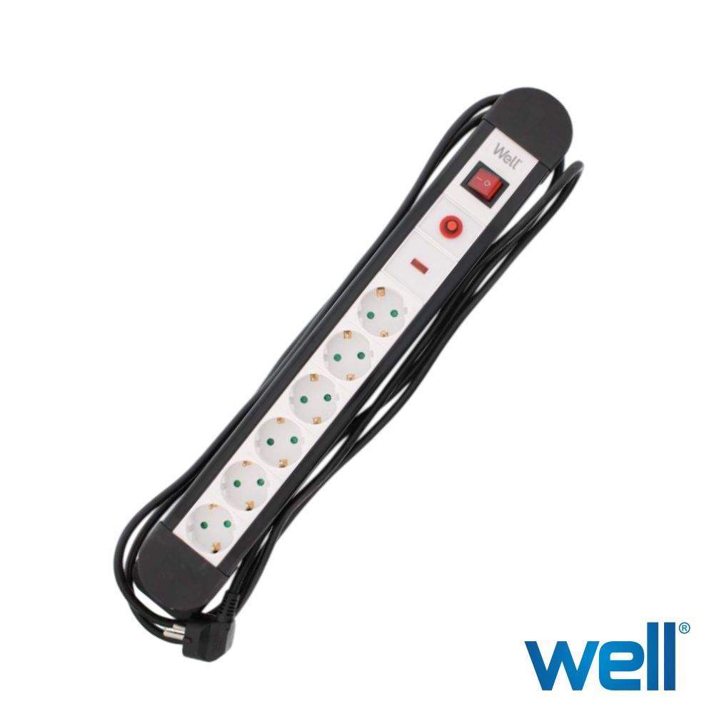 Extensão Elétrica 6X Schuko Interruptor Proteção 3M Well - Tauu.pt