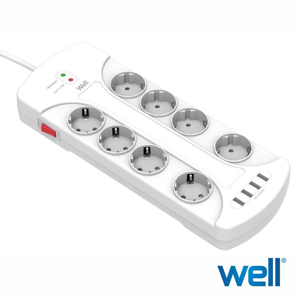 Tomada Elétrica C/ 8 Saídas 4 Usb Interruptor 3M Well - Tauu.pt