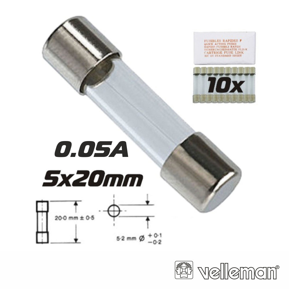 Fusível 5X20 Fusão Rápida 0.05A (10) Velleman - Tauu.pt