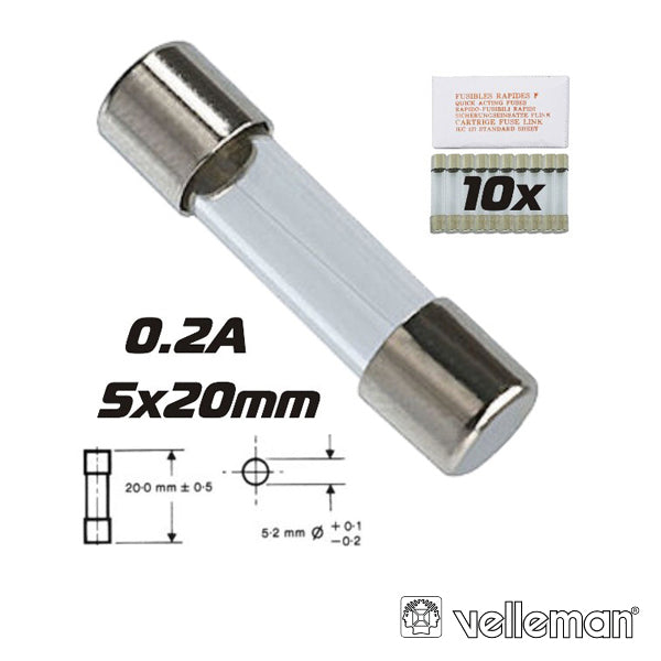 Fusível 5X20 Fusão Rápida 0,2A (10X) Velleman - Tauu,pt