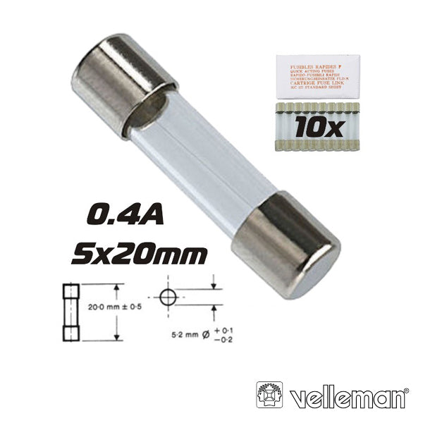 Fusível 5X20 Fusão Rápida 0.4A (10X) Velleman - Tauu.pt