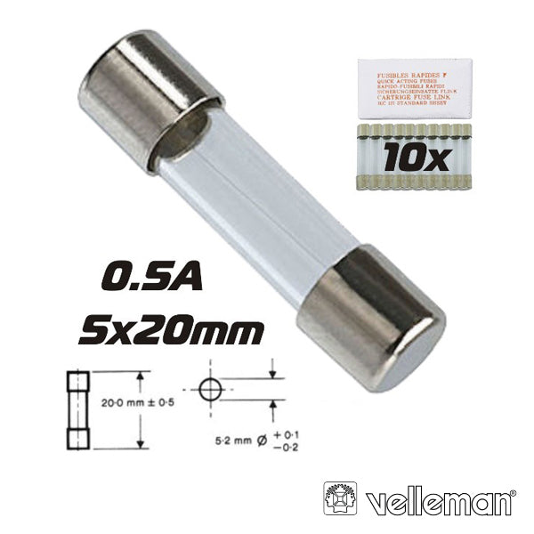 Fusível 5X20 Fusão Rápida 0.5A (10X) Velleman - Tauu.pt