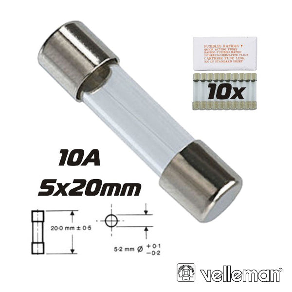 Fusível 5X20 Fusão Rápida 10A (10X) Velleman - Tauu.pt