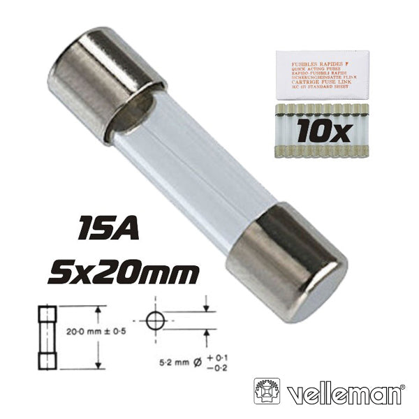 Fusível 5X20 Fusão Rápida 15A (10X) Velleman - Tauu,pt