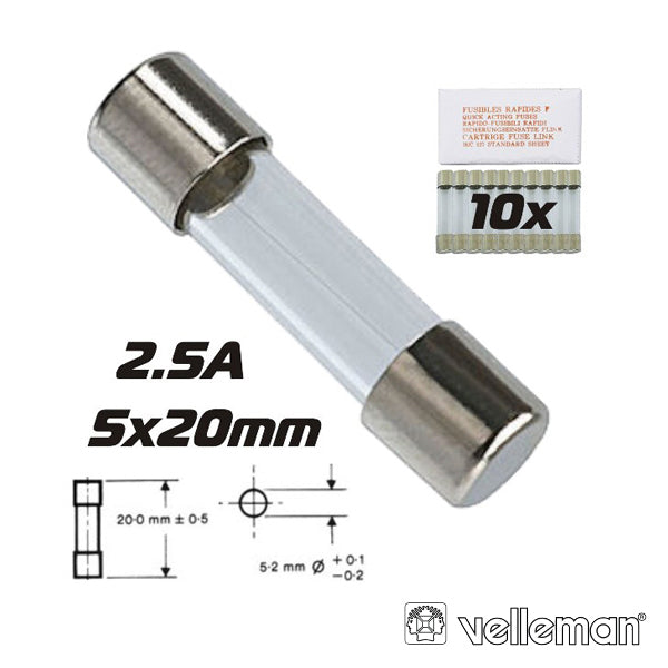 Fusível 5X20 Fusão Rápida 2.5A (10X) Velleman - Tauu.pt