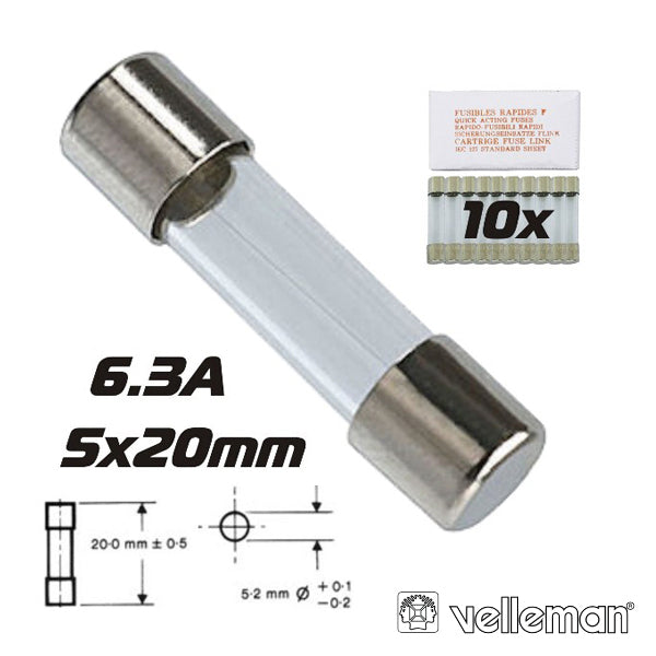 Fusível 5X20 Fusão Rápida 6,3A (10X) Velleman - Tauu,pt