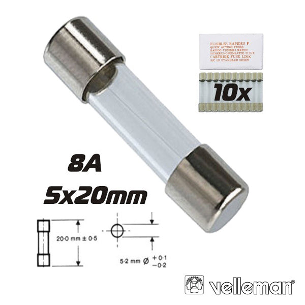 Fusível 5X20 Fusão Rápida 8A (10X) Velleman - Tauu.pt