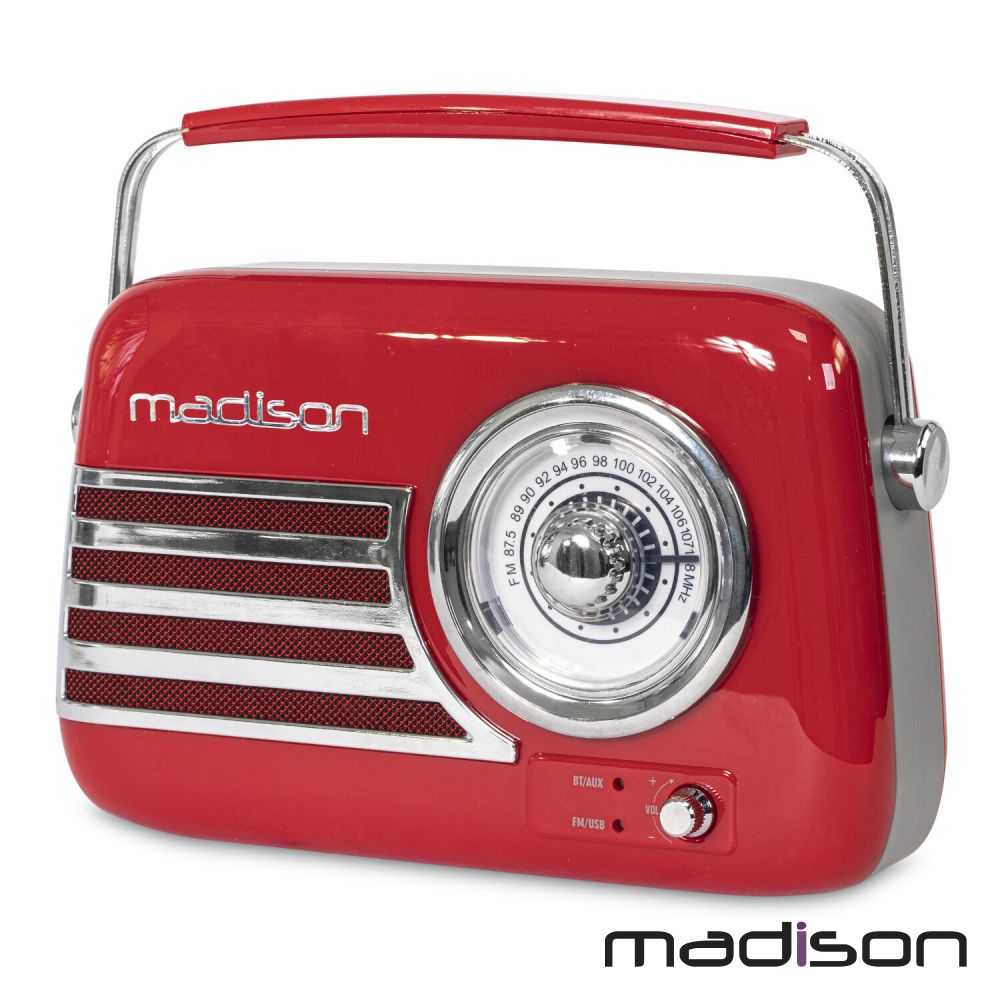 Rádio Fm/Aux/Bt/Usb Extra Bass Vintage 30W Vermelho Madison - Tauu.pt
