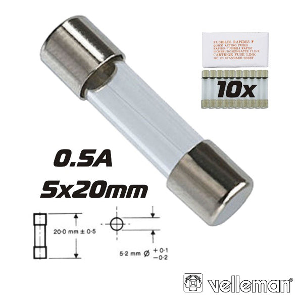 Fusível 5X20 Fusão Lenta 0,5A (10X) Velleman - Tauu,pt