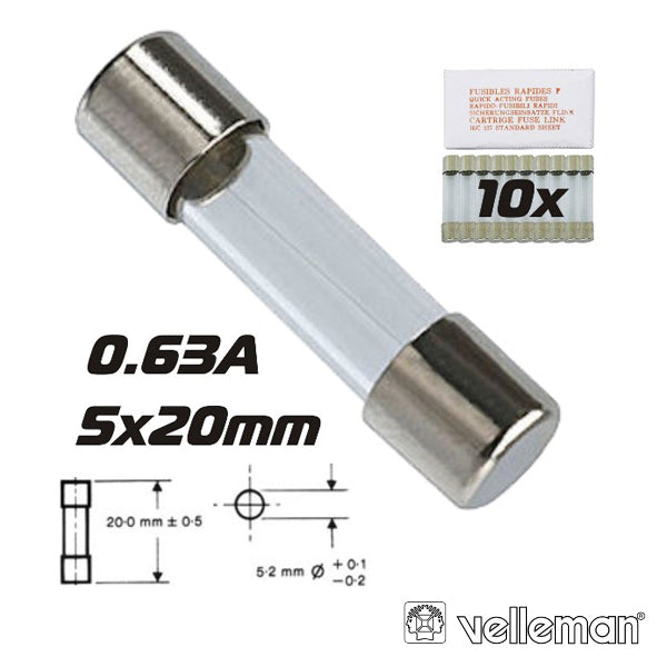 Fusível 5X20 Fusão Lenta 0,63A (10X) Velleman - Tauu,pt