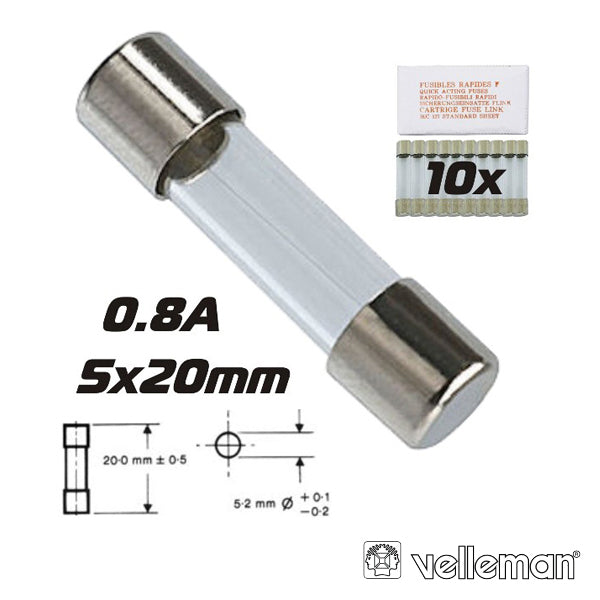 Fusível 5X20 Fusão Lenta 0.8A (10X) Velleman - Tauu.pt