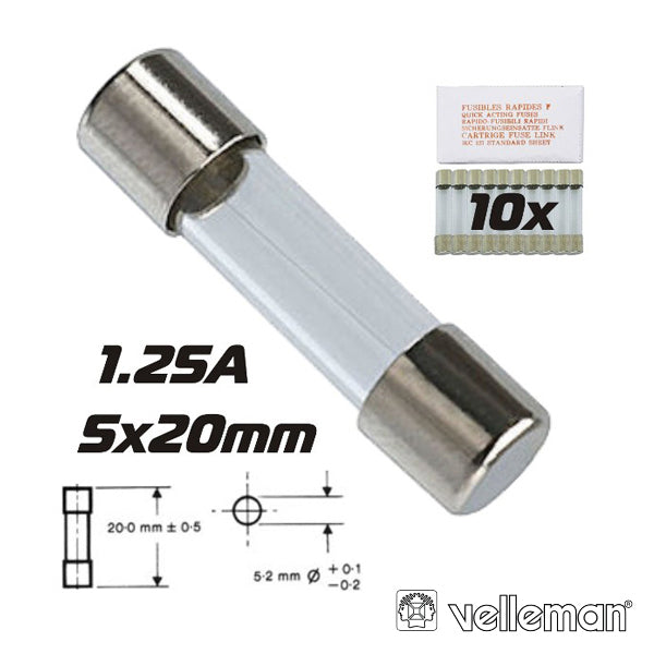 Fusível 5X20 Fusão Lenta 1.25A (10X) Velleman - Tauu.pt