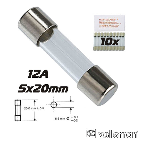 Fusível 5X20 Fusão Lenta 12A (10X) Velleman - Tauu.pt