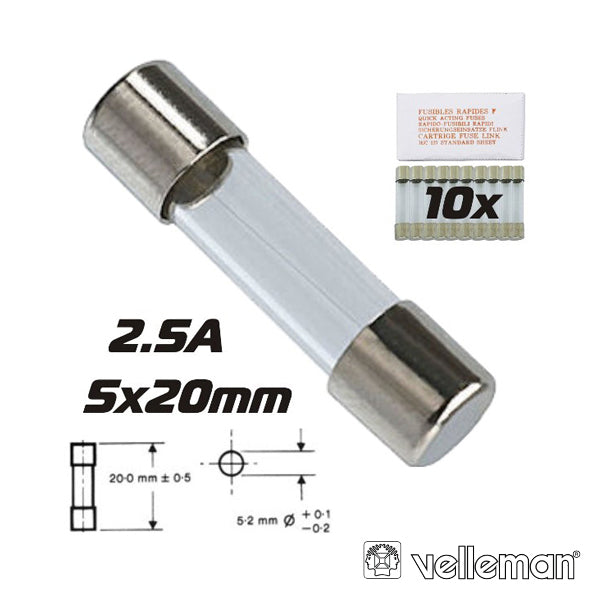 Fusível 5X20 Fusão Lenta 2,5A (10X) Velleman - Tauu,pt