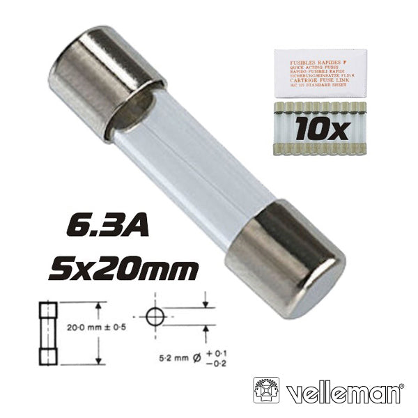 Fusível 5X20 Fusão Lenta 6.3A (10X) Velleman - Tauu.pt