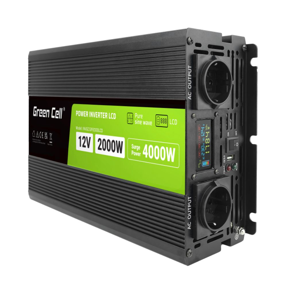Conversor 12V-230V 2000W Onda Pura C/ Lcd Green Cell - Tauu.pt