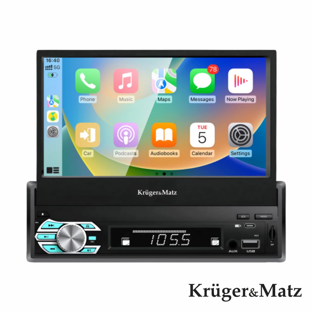 Auto-Rádio 1Din 7" Retrátil 4X60W Carplay/Android Krugermatz - Tauu.pt