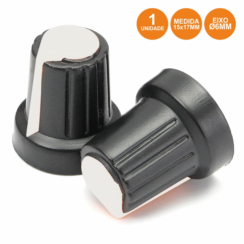Botão P/ Potenciometro Preto C/ Linha Branca 15X17Mm - Tauu,pt