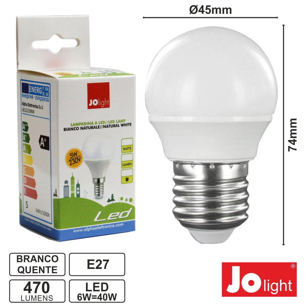 Lâmpada E27 6W=40W 230V Leds Globo Branco Quente 470Lm - Tauu.pt