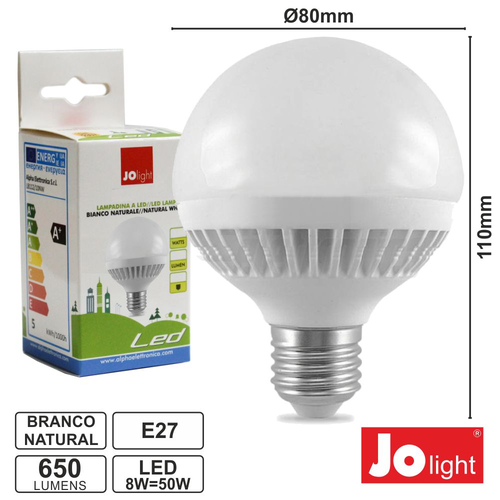 Lâmpada E27 8W=50W 230V Leds Globo Branco Natural 650Lm - Tauu,pt