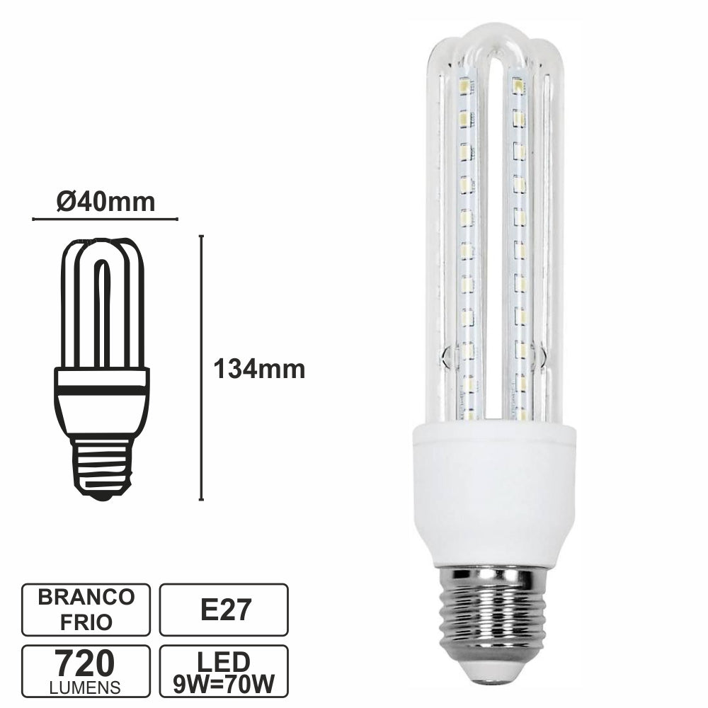 Lâmpada E27 9W=70W 230V Led 3U Branco Frio 720Lm - Tauu,pt