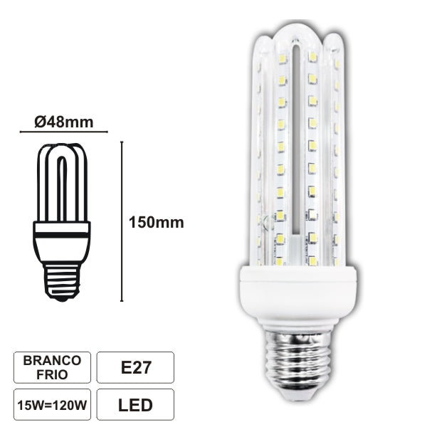 Lâmpada E27 15W=120W 230V Led 4U Branco Frio 1200Lm - Tauu,pt