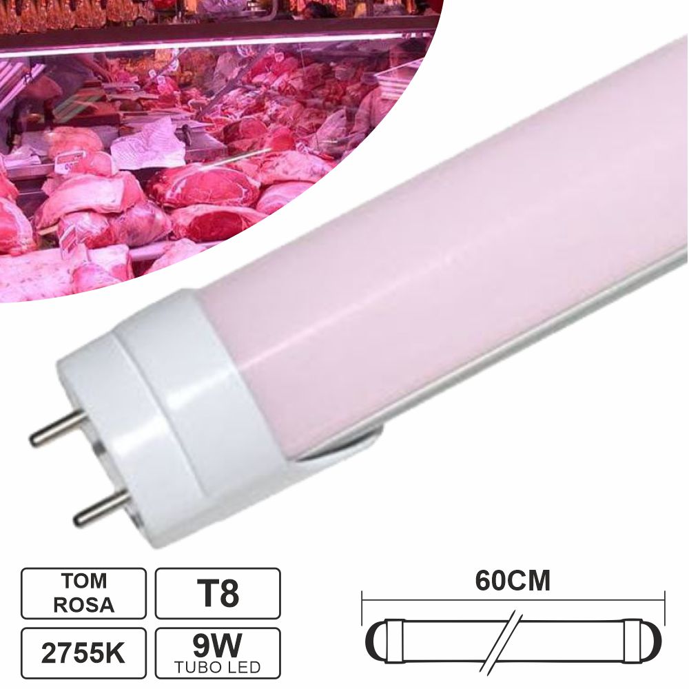 Lâmpada Tubular Led T8 9W 60Cm 810Lm Rosa P/ Talho - Tauu.pt